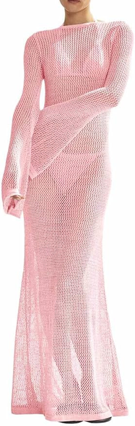 Saodimallsu Womens Crochet Cover Ups Long Sleeve Sexy Mesh Backless Knit Swimsuit Coverup Beach M... | Amazon (US)