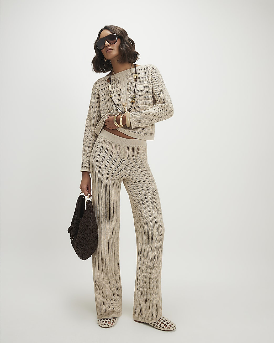 Beige Wide Leg Knitted Trousers | River Island UK & IE