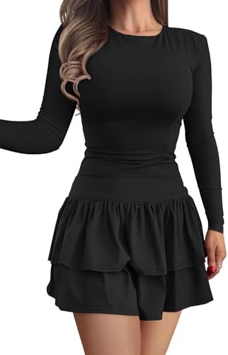 GOKATOSAU Women's Casual Long Sleeve Round Neck Bodycon Layered Tiered Ruffle Hem Mini Dress | Amazon (US)
