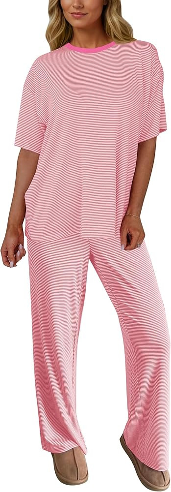 Ythomm Striped Lounge Sets Womens Two Piece Outfits Short Sleeve Tee Shirts Wide Leg Pants Summer... | Amazon (US)