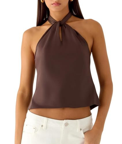 Women Satin Halter Top Twist Front Backless Crop Tank Top Sexy Silk Camisole Going Out Tops (Khaki, S) | Amazon (US)