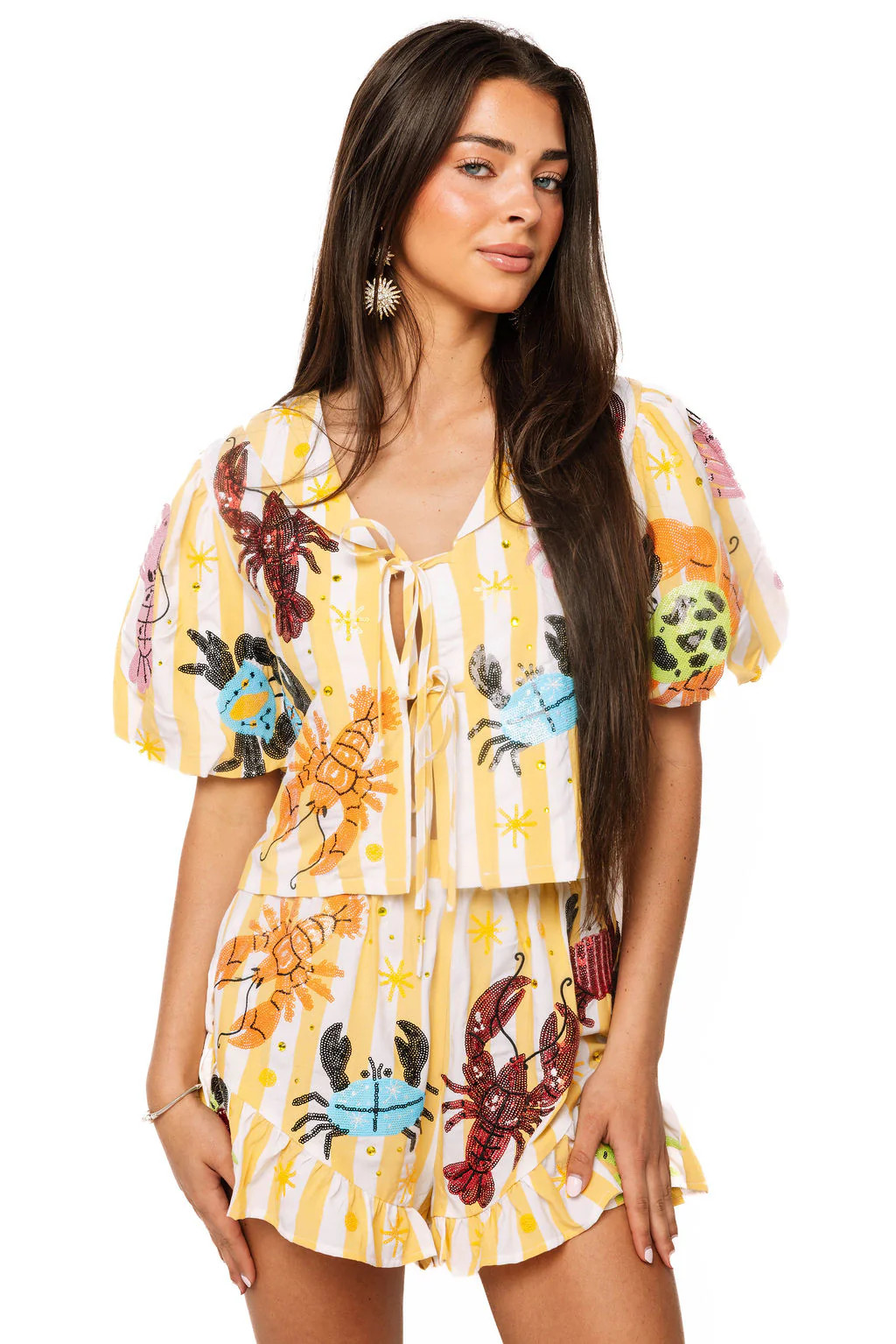 Yellow Stripe Crab & Lobster Tie Top | Queen of Sparkles