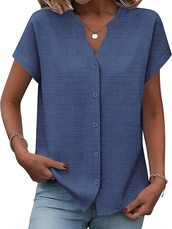 Zeagoo Button Down Shirts for Women Short Sleeve Tops V Neck Collar Blouses Business Casual Outfi... | Amazon (US)