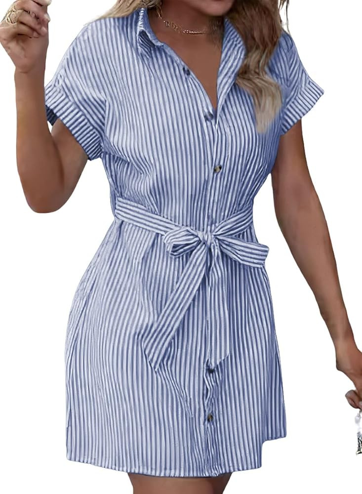 ebossy Women's Boho Striped Shirt Dress Button Down Cuffed Short Sleeve Casual Loose Belted Mini ... | Amazon (US)