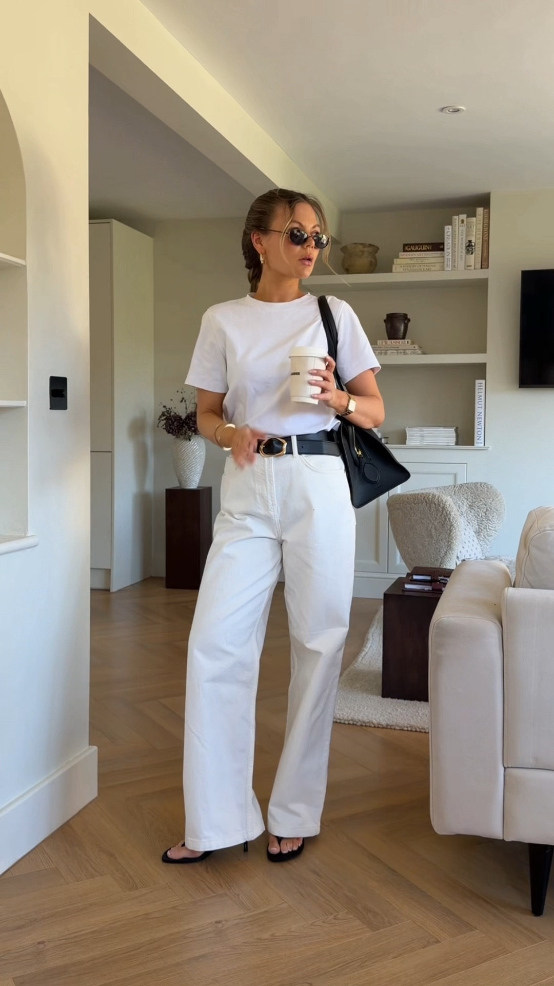 White jeans, white tshirt, monochrome outfit, chic outfit, minimal style, effortless style. 4th & reckless, tala, Zara, kitten heel, black handbag 

#LTKuk #LTKsummer #LTKspring