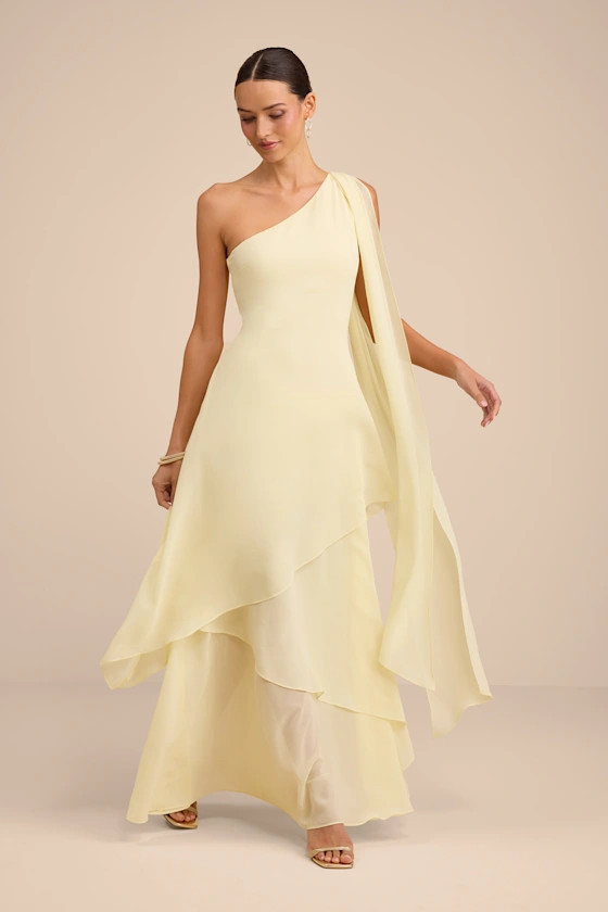 Camellia Light Yellow One-Shoulder Bow Maxi Dress | Lulus
