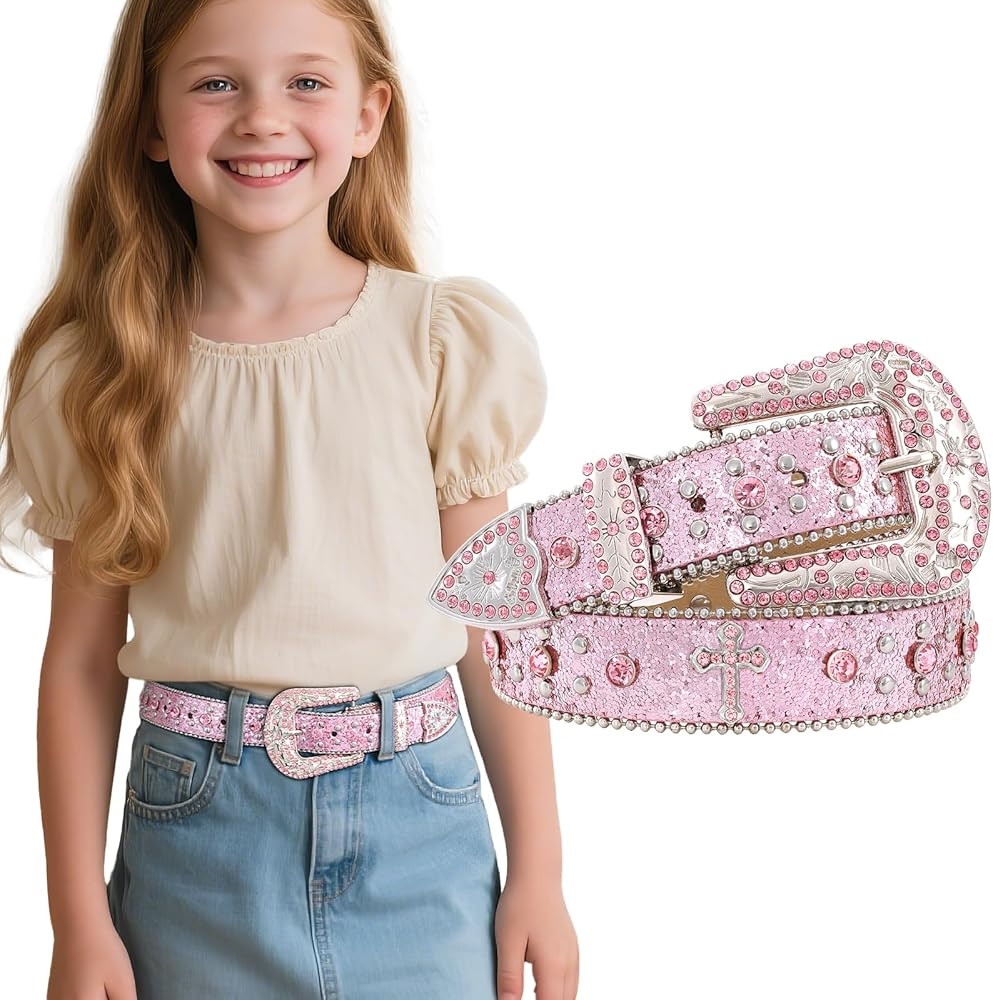 Kids Rhinestone Belt for Girls Boys Western Cowboy Cowgirl Belts Diamond Studded Bling Leather Be... | Amazon (US)