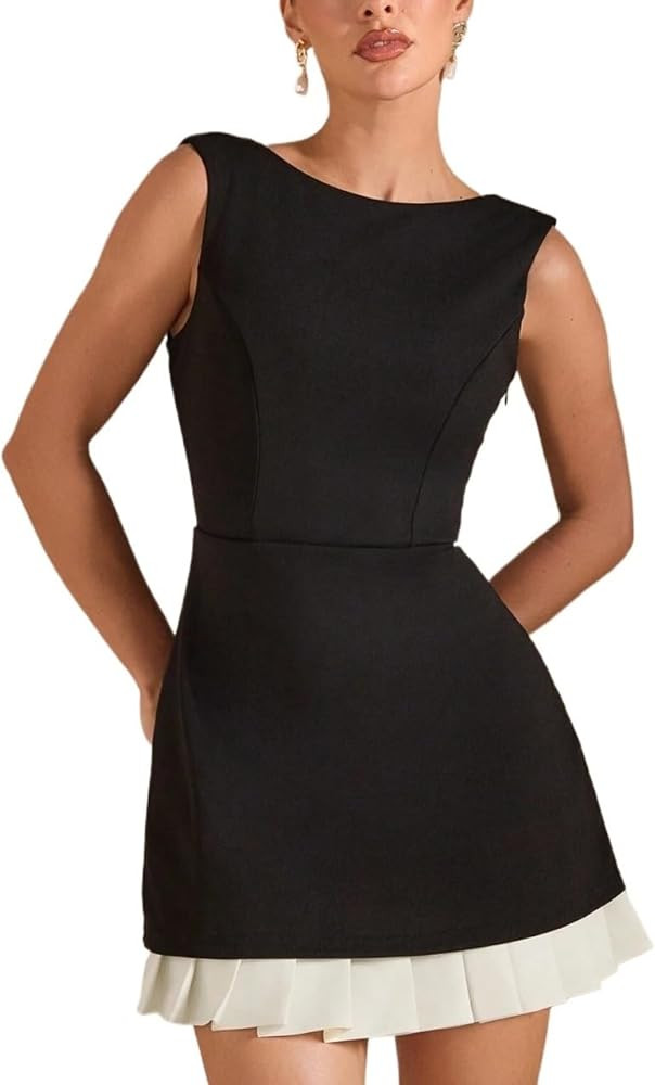 Summer Autumn Lace Pleated Dress Sleeveless Backless Round Neck Women Summer Casual Beach Short D... | Amazon (US)