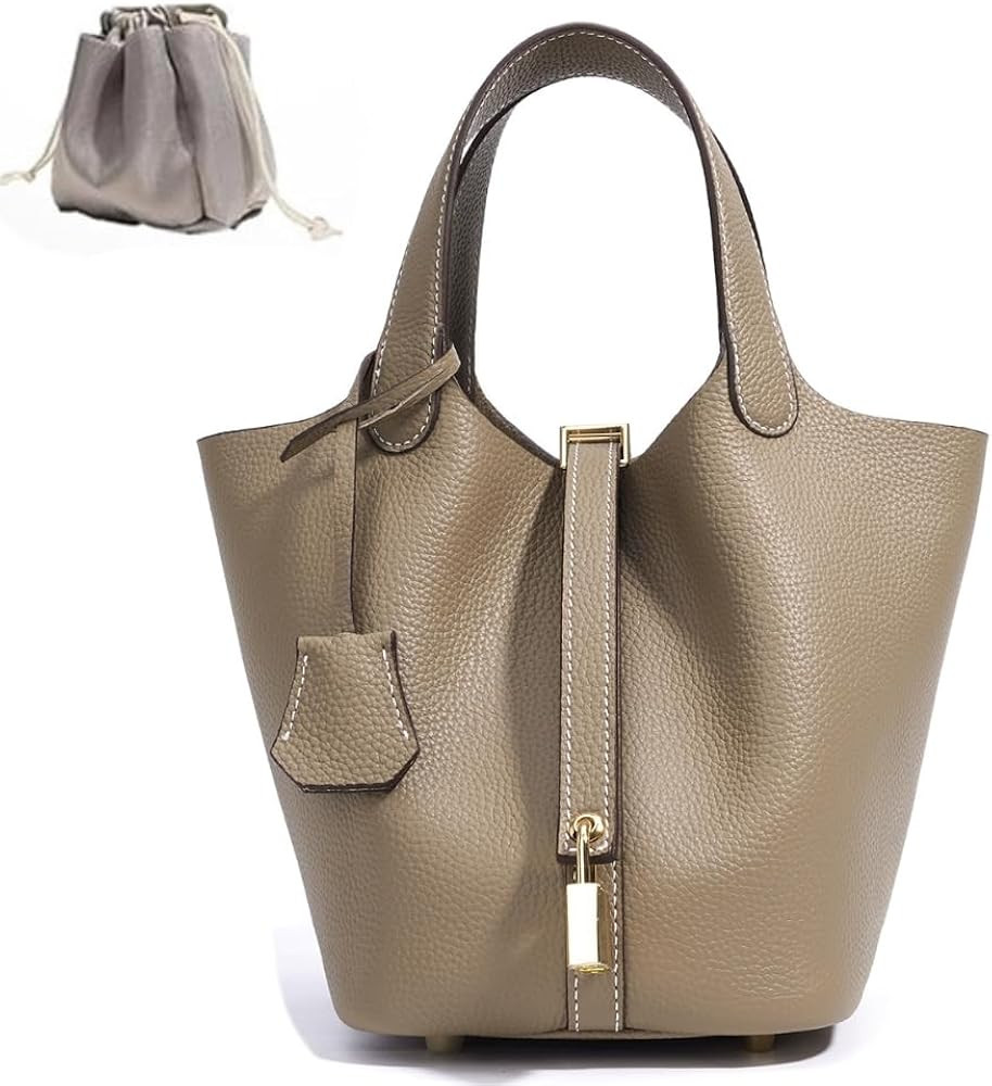 Genuine Leather Bucket Bag for Women, Lock Design, Top-Handle Tote, Shoulder Handbag | Amazon (US)