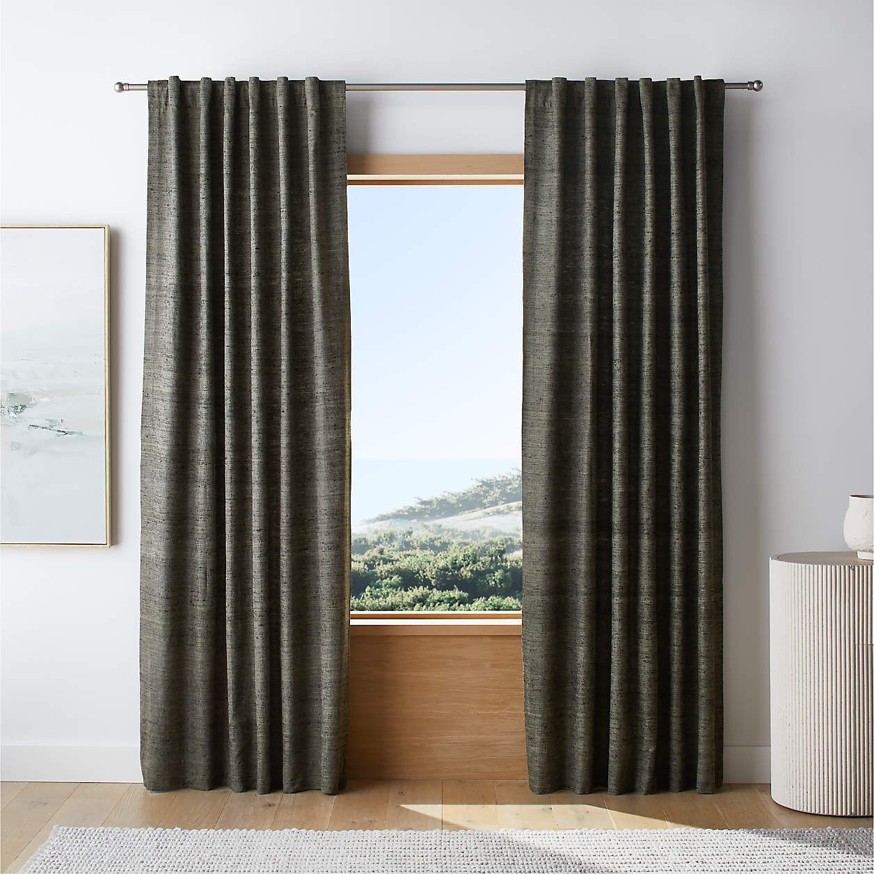 Trevino Burnt Green Cotton Silk Blend Window Curtain Panel 52"x120" + Reviews | Crate & Barrel | Crate & Barrel