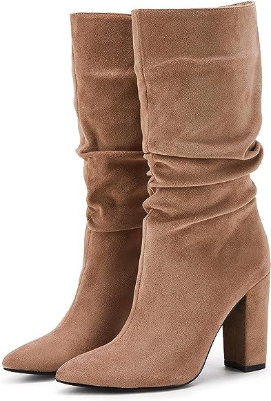 Amazon.com | Womens High Heel Mid Calf Boots Suede Slouchy Pointed Toe Fall Winter Slip on Chunky... | Amazon (US)