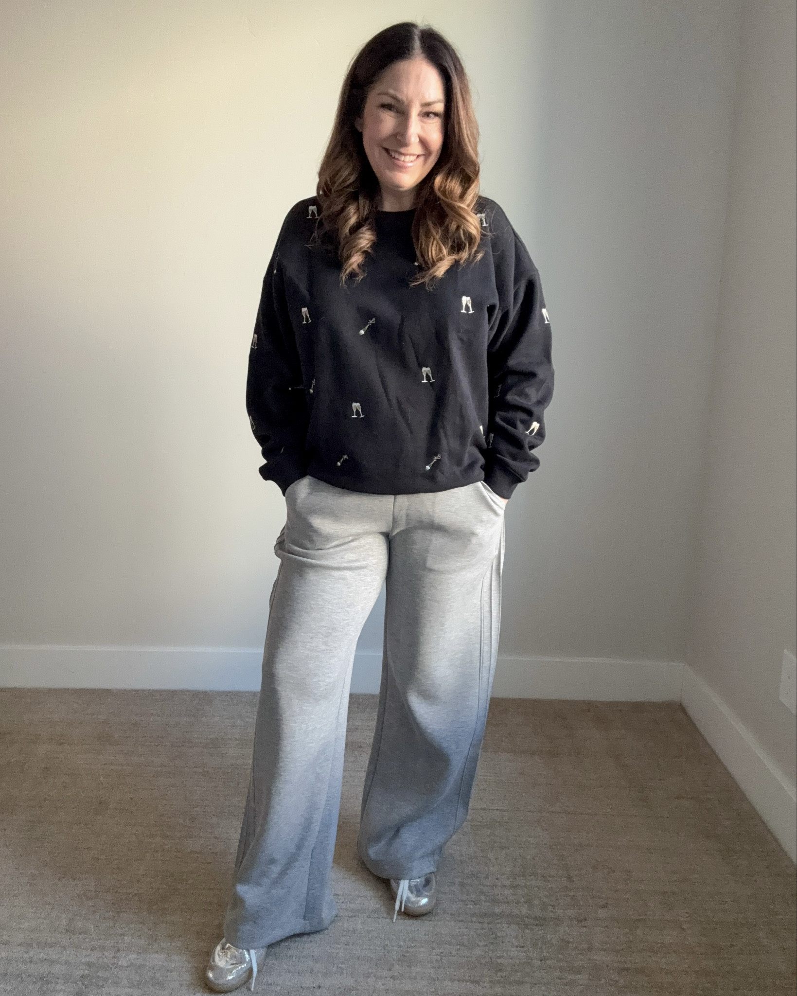 You had me at wide leg and sparkly sneakers. Loving the easy vibe of this outfit. This champagne print is a print casual top to ring in the new year in style | Wearing tts L in both 

 

#LTKSeasonal #LTKOver40 #LTKMidsize