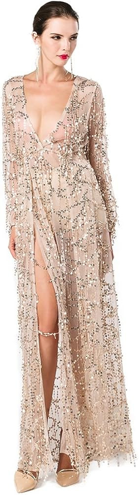 Miss ord Women Deep V Neck Long Sleeve Split Sequined Maxi Party Cocktail Dress | Amazon (US)