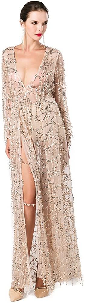 Miss ord Women Deep V Neck Long Sleeve Split Sequined Maxi Party Cocktail Dress | Amazon (US)