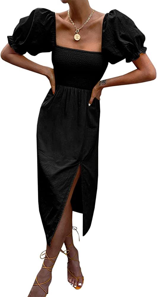 Women's Summer Casual Puff Sleeve Dress Square Neck Smocked Off Shoulder Boho Side Split Midi Dre... | Amazon (US)