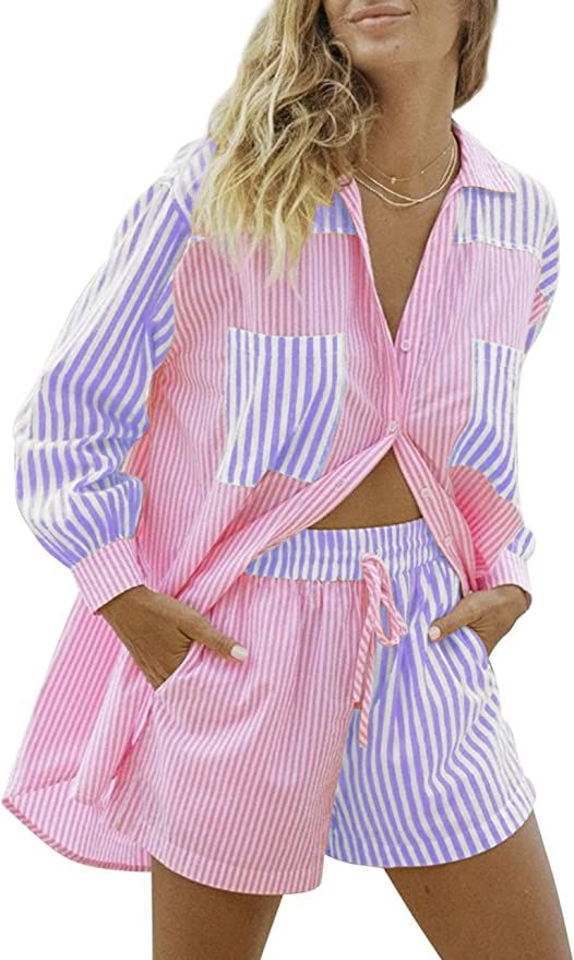 SAFRISIOR Women’s 2 Piece Casual Tracksuit Outfit Sets Stripe Long Sleeve Shirt And Loose High ... | Amazon (US)