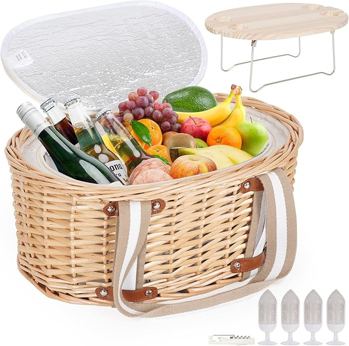 Picnic Basket Set for 4 - Wicker Insulated Picnic Basket with Folding Wine Table, Wine Picnic Kit... | Amazon (US)