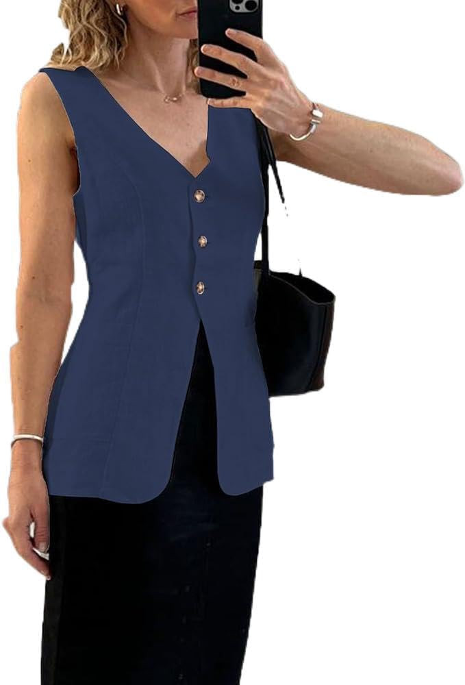 Long Linen Waistcoat Vest for Women Summer Casual V Neck Button Down Sleeveless Tops with Pocket, Medium, Navy | Amazon (US)