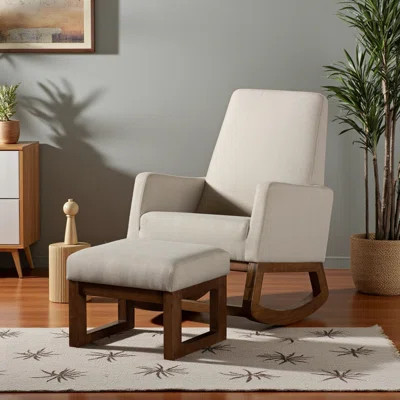 Osprey Rocking Chair with Ottoman in Boucle Upholstery and Walnut Brown Finish | Wayfair North America