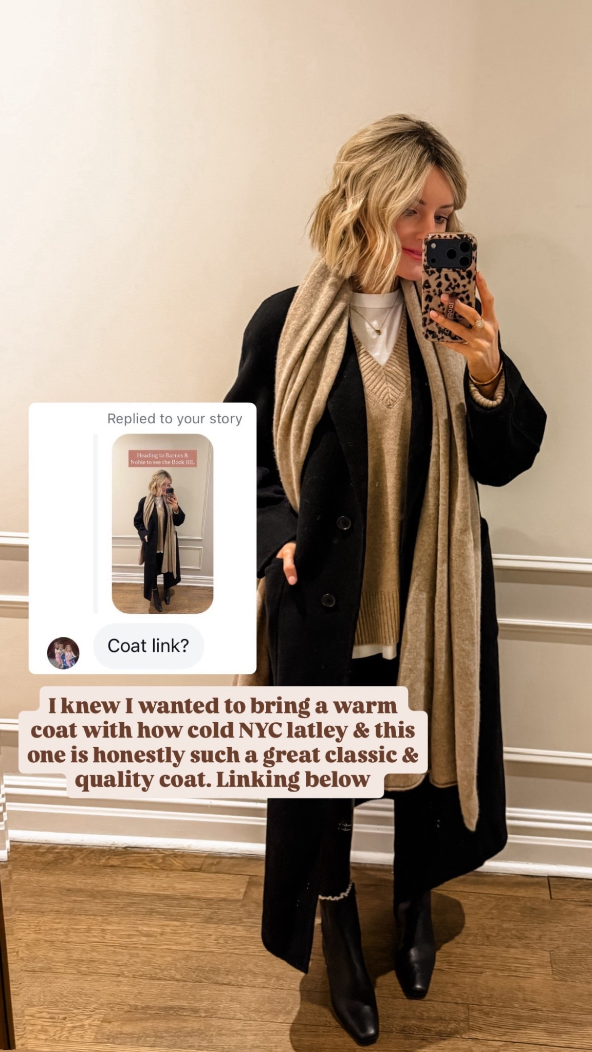 This black coat was a necessity for this trip! It’s definitely an investment piece, but something you will have forever! Wearing XS in coat!

Loverly Grey, winter coat, New York outfit, winter outfit, black coat, cashmere wrap