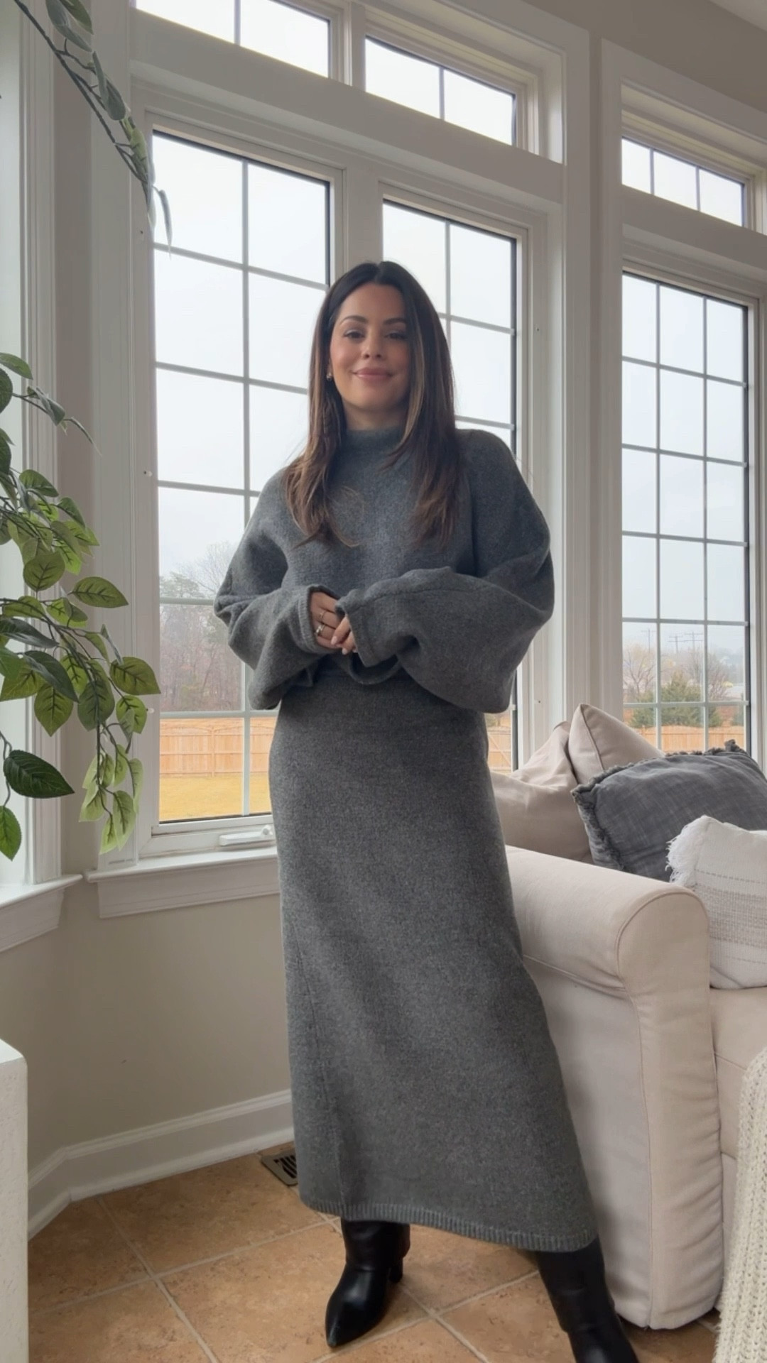 A cozy sweater and skirt set for a rainy day! 