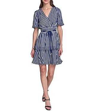 KARL LAGERFELD PARIS Puff Sleeve Striped Pattern Surplice Neck Tiered Skirt Chiffon Dress - 4 | Dillard's