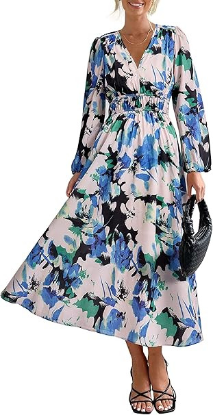 PRETTYGARDEN Women's 2024 Fall Boho Maxi Dress Casual Long Sleeve V Neck Printed Beach Long Flowy... | Amazon (US)