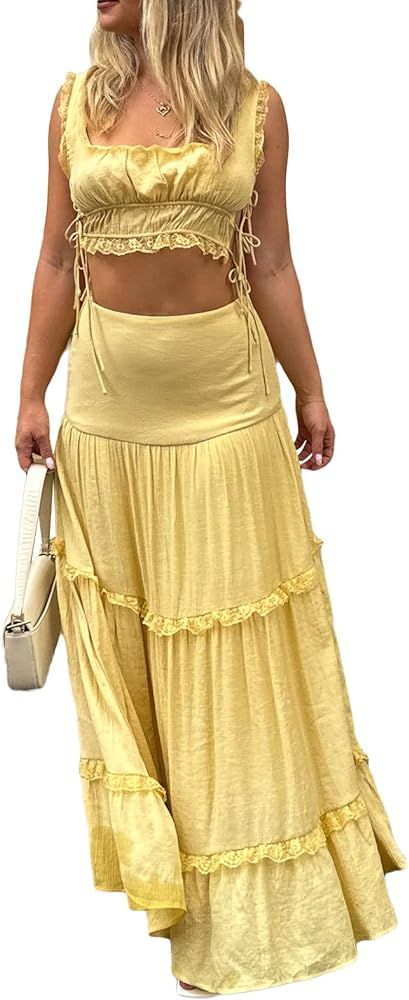 Women Two Piece Maxi Skirt Set Y2k Sleeveless Crop Cami Top Ruffle Tiered Flowy Long Skirt Vacati... | Amazon (US)