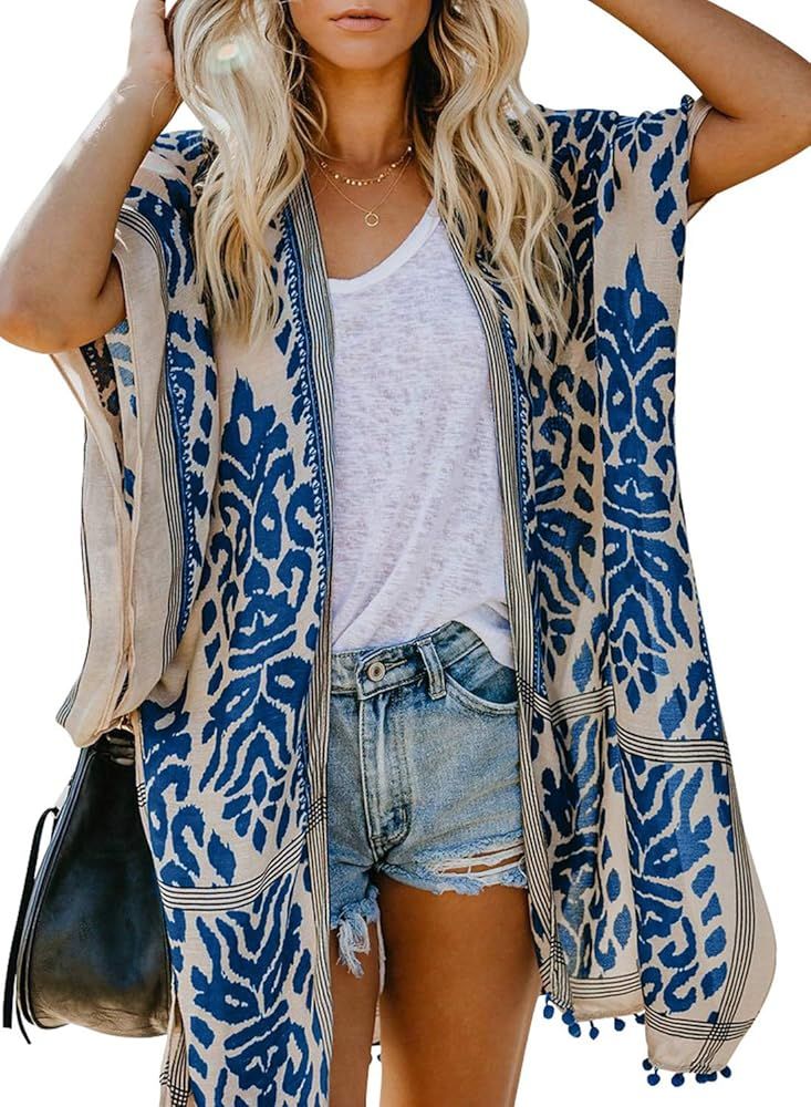 Women Print Kimono Cardigan V Neck Loose Beach Cover Up | Amazon (US)