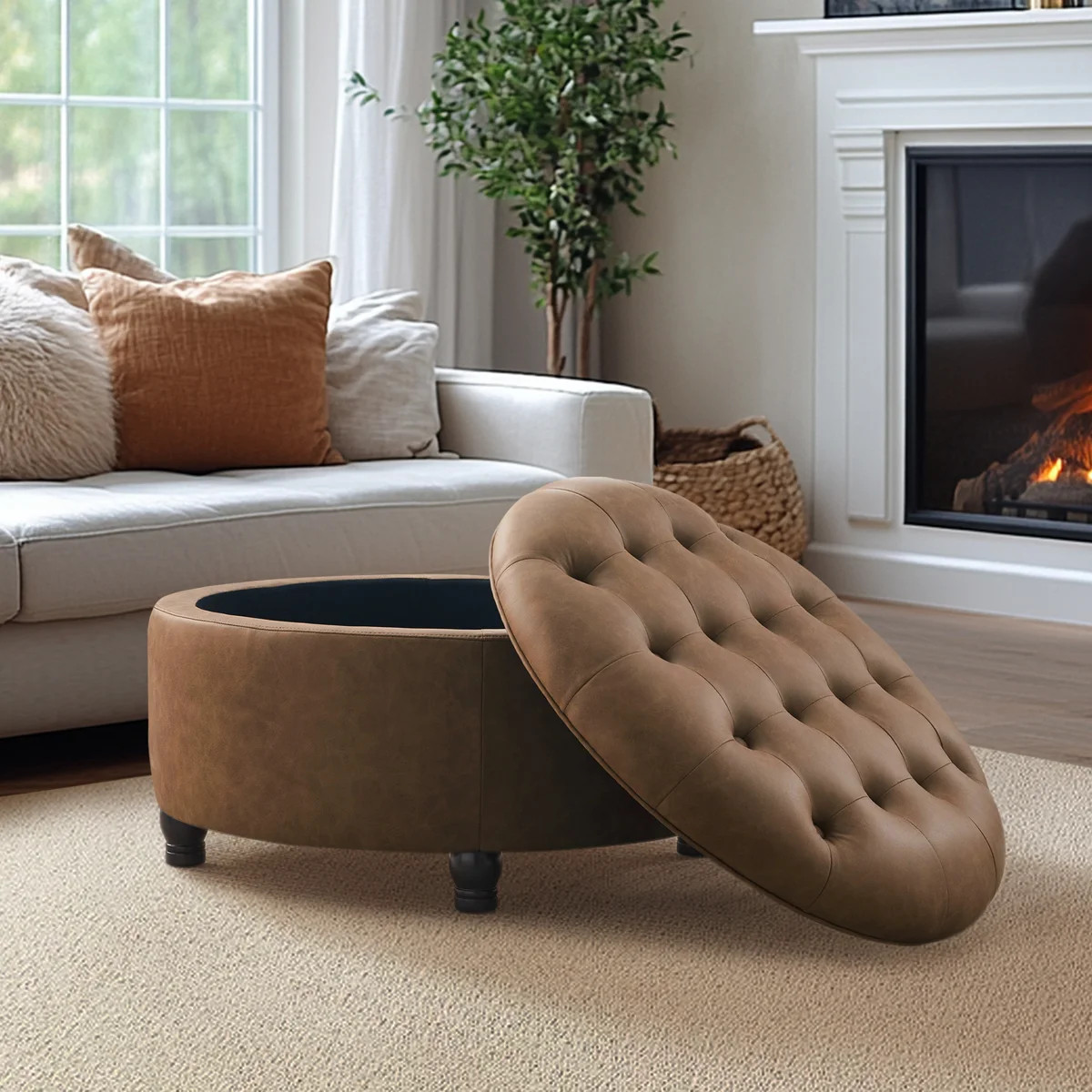 Dimitrika 29.5'' W Faux Leather Tufted Storage Ottoman | Wayfair North America