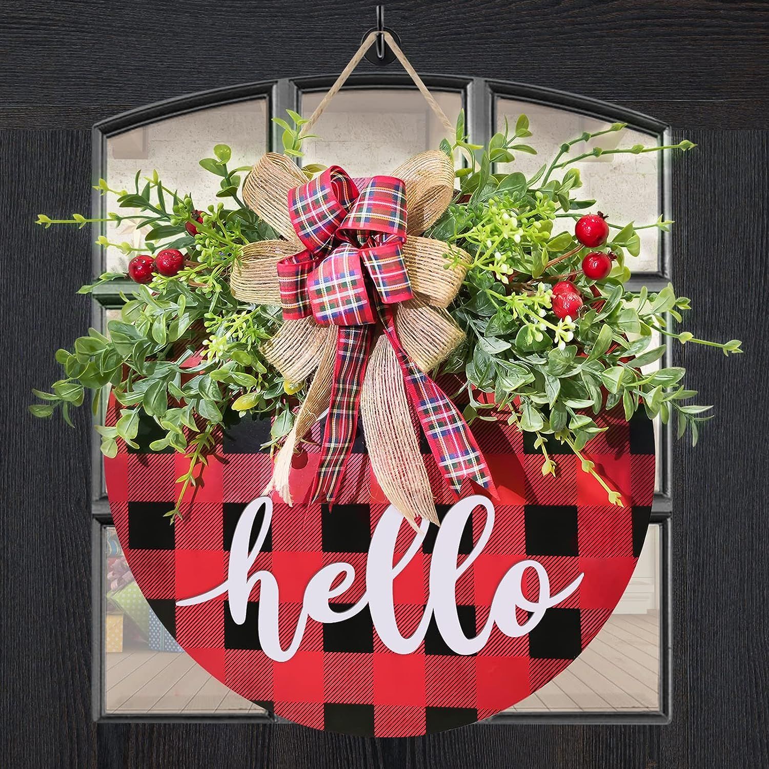 Christmas Buffalo Plaid red Decorations,Farmhouse Kitchen Wall Decor,Welcome Wreath Sign for Fron... | Amazon (US)