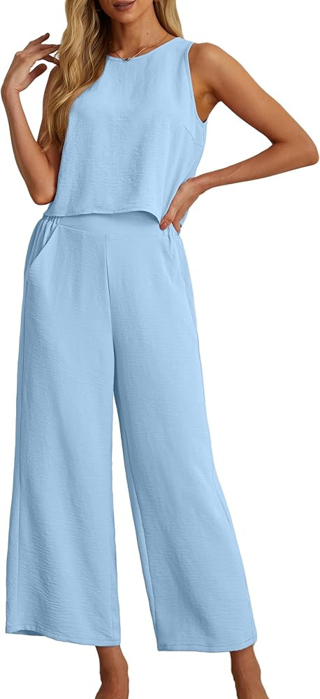 IWOLLENCE Women's Summer 2 Piece Outfits Set Round neck Sleeveless Tank Crop Top Wide Leg pants S... | Amazon (US)