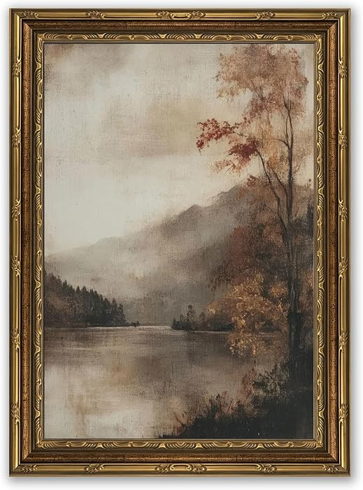 Gold Framed Vintage Fall Landscape Canvas Wall Art, Rustic Moody Lakeside Painting Picture Wall D... | Amazon (US)