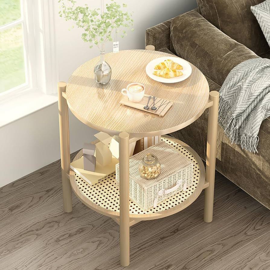 AWQM 2-Tier Round Side Table, Rattan End Table Nightstand with Solid Wood Feet,Boho Bedside Table... | Amazon (US)