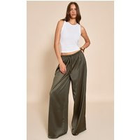 Olive Khaki Satin Wide Leg Drawstring Pants | PrettyLittleThing US