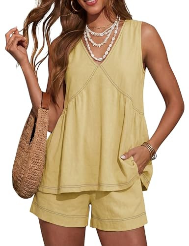 Hooever Women's Sleeveless V Neck Ruffle 2 Piece Set Loose Tunic Top with Shorts Summer Boho Casu... | Amazon (US)