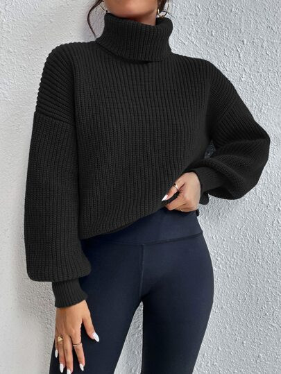 Rib-knit Turtleneck Drop Shoulder Jumper | SHEIN