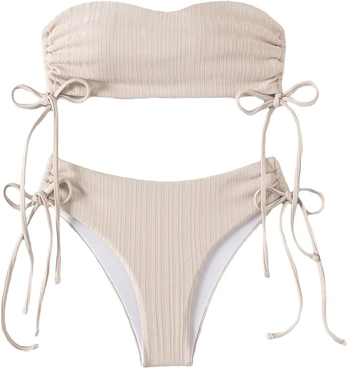 MakeMeChic Women's 2 Piece Swimsuit Floral Drawstring Bandeau High Cut Bikini Set Bathing Suits | Amazon (US)