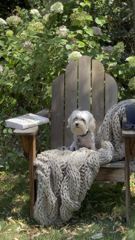 My dog Millie enjoying her Adirondack chair! Atomic Habits book is a great graduation gift! Must cove cozy knit throw blanket. Pottery Barn knit throw for chilly summer nights. Amazon highball glasses. Amazon home. Amazon finds. Pottery Barn home. Pottery Barn finds. Outdoor furniture for summer. 💗