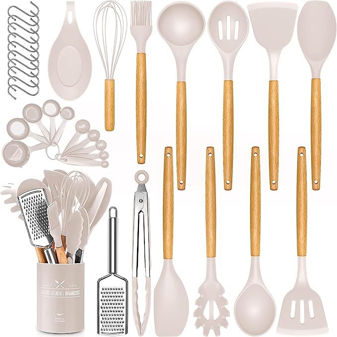 34 PCS Silicone Cooking Utensils Set, Kitchen Utensils Spatula Set with Holder, Wooden Handles He... | Amazon (US)
