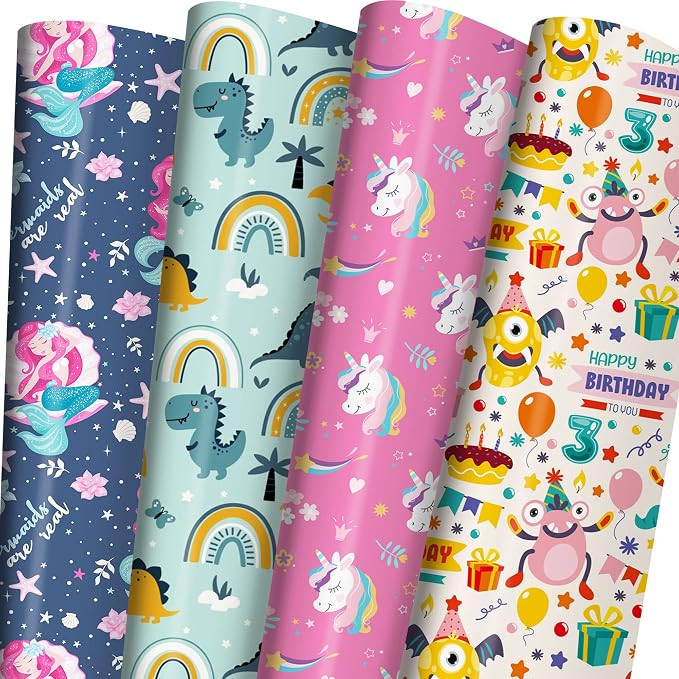 ZINTBIAL Birthday Wrapping Paper for Boys Girls Kids Baby Shower - Gift Wrapping Paper with Rainb... | Amazon (US)