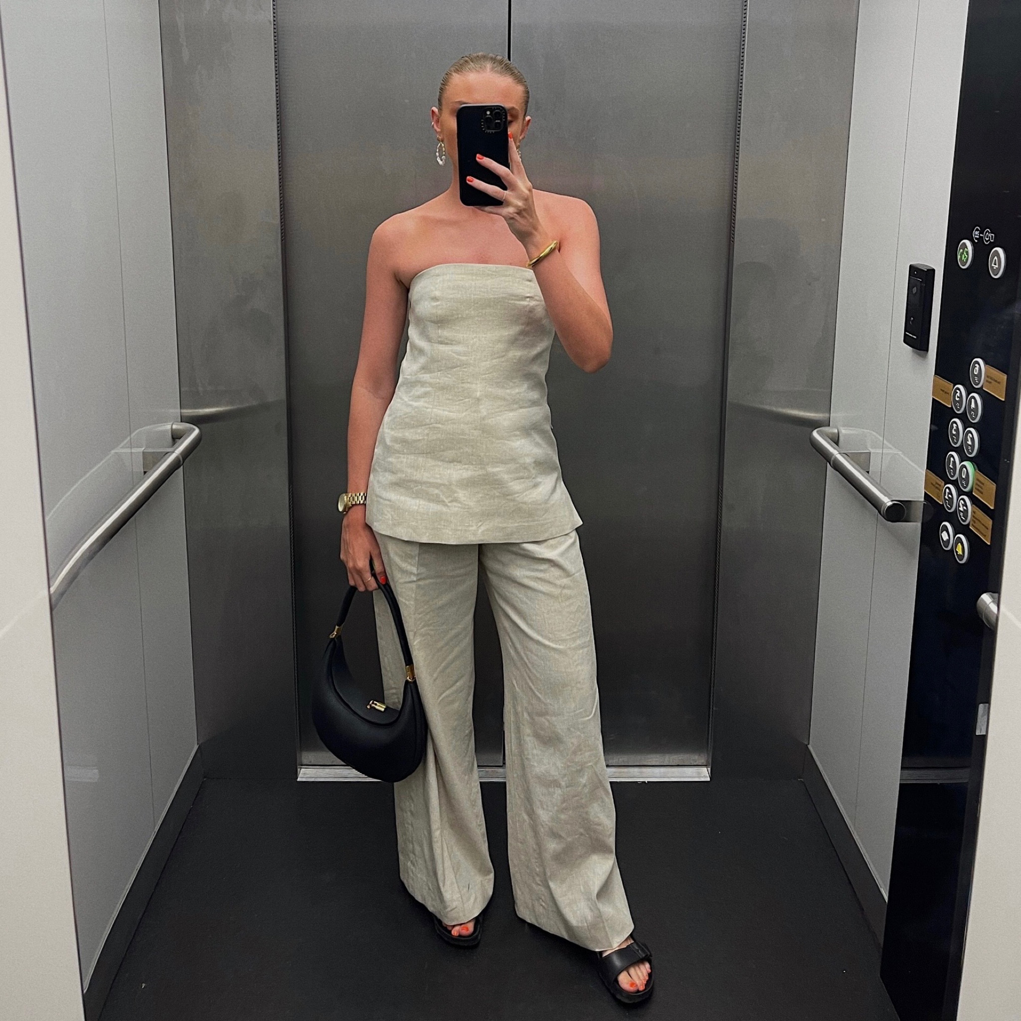 Going out/evening outfit 
Cos linen co-led
I wear the size 10 in the matching trousers 
Monica Vinader gold jewellery 
Songmont black bag 