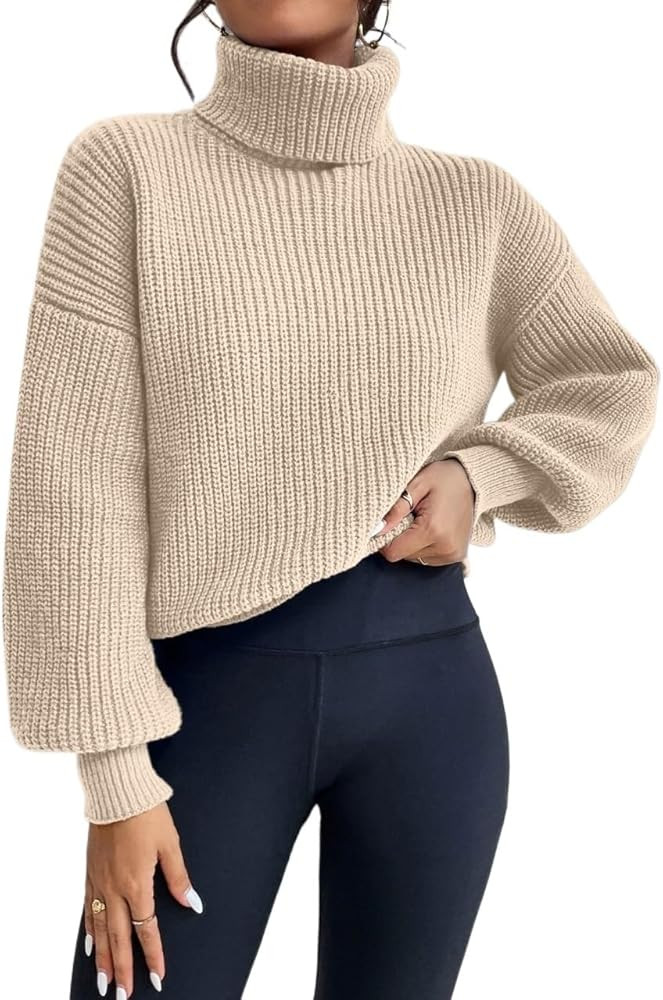 Womens' Pullovers Long Sleeve Rib-Knit High Neck Drop Shoulder Sweater | Amazon (US)