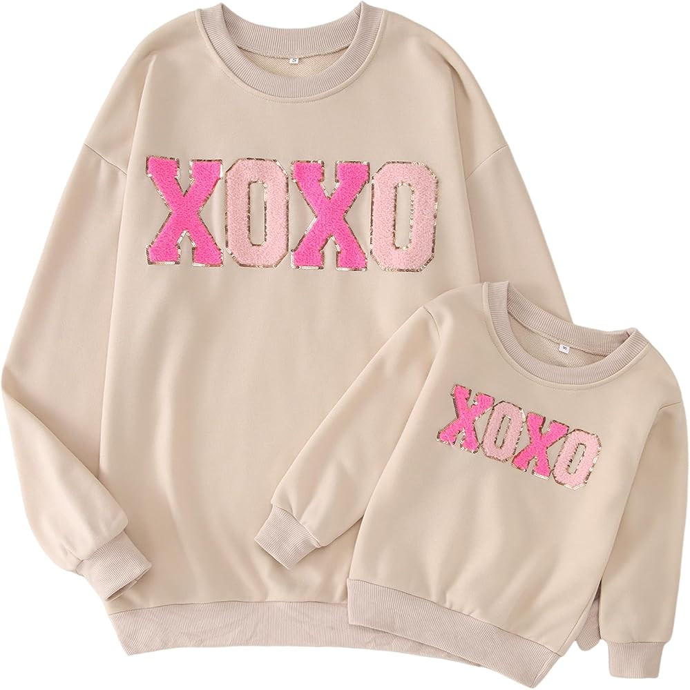 AG AGUU Mommy and Me Valentines Sweatshirts Glitter Patch XOXO Shirts Family Matching Outfits Lon... | Amazon (US)