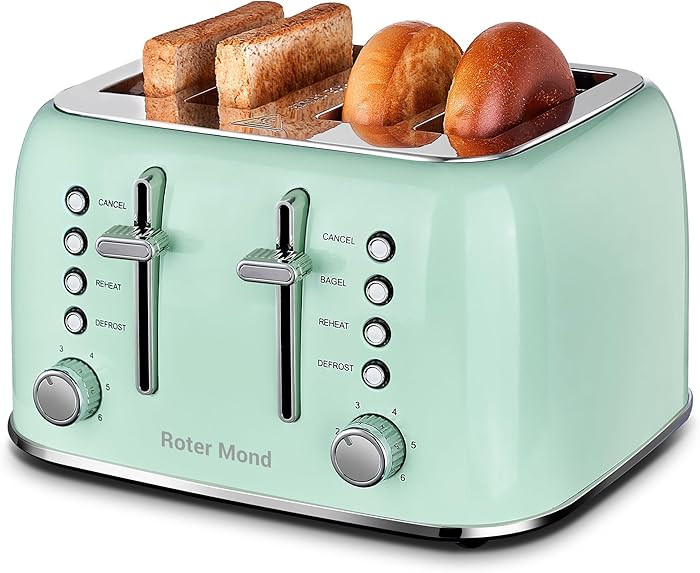 Roter Mond Toaster 4 Slice Retro Stainless Steel with Extra Wide Slots Bagel, Defrost, Reheat Fun... | Amazon (US)