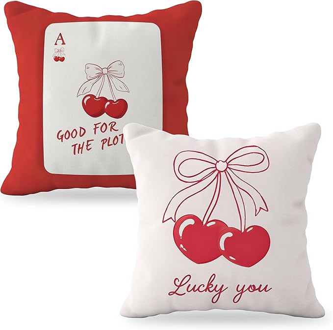 Funky Red Coquette Bow Cherry Pillow Covers 18x18, Coquette Room Decor, Trendy Preppy Ace Poker P... | Amazon (US)