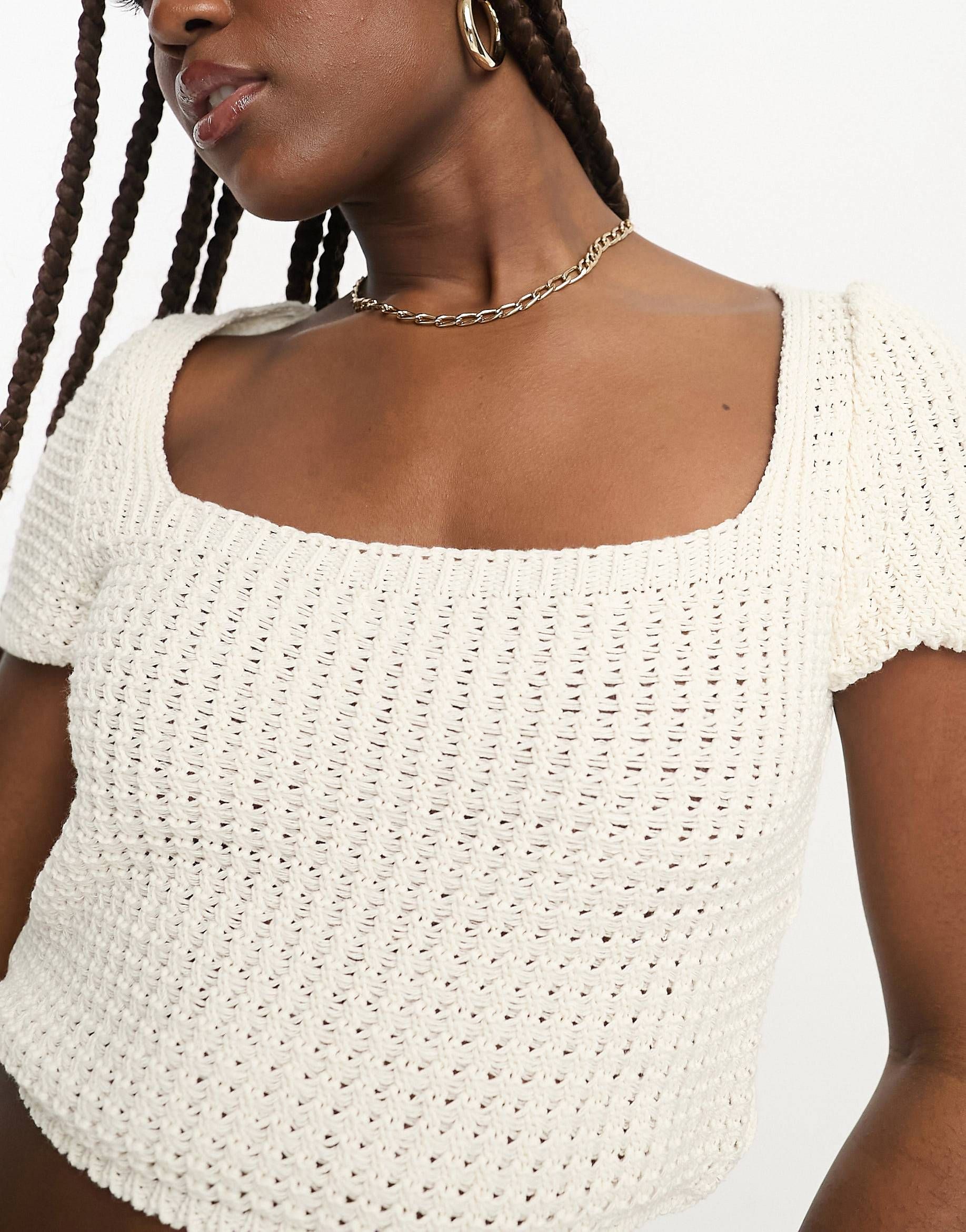 ASOS DESIGN crochet square neck crop top in cream | ASOS (Global)