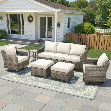 Bellefurn 6 Pieces Patio Furniture Sets with Swivel Chairs,All-Weather Wicker Outdoor Patio Conversation Sets with High Back Outdoor Swivel Rocker Chairs with Couch for Porch Deck Backyard Poolside | Walmart (US)