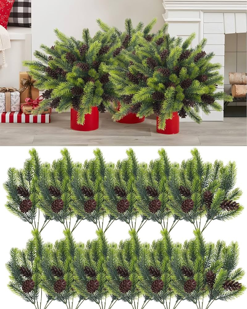 Uieke 12PCS Christmas Artificial Pine Branches- 14Inch Christmas Picks for Crafts Faux Evergreen ... | Amazon (US)