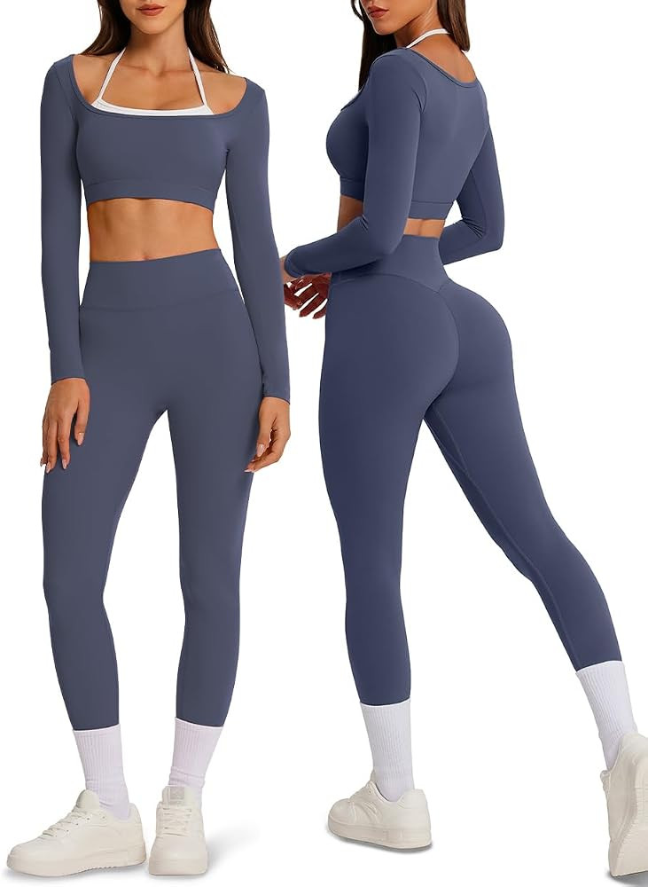 OMKAGI Womens Layered Workout Sets Long Sleeve Sports Bra Booty Gym Outfits     Hidden Scrunch Bu... | Amazon (US)